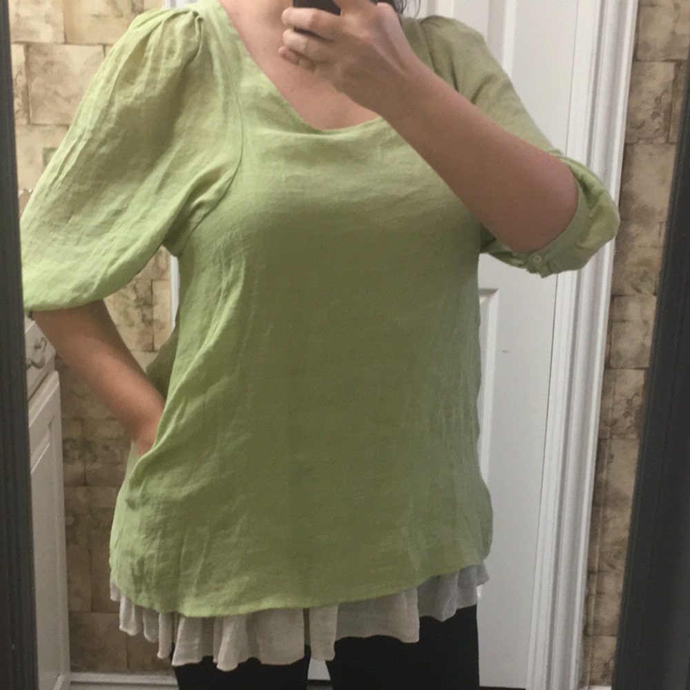 LOVE JULIAN Lagenlook top elbow length balloon sleeves pockets peplum ru…